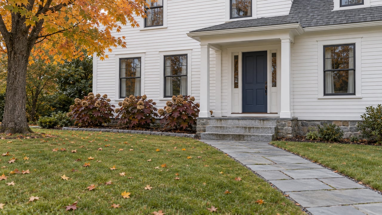 White clapboard home with a blue front door, granite steps and a bluestone walk across an autumn lawn beneath a sugar maple.