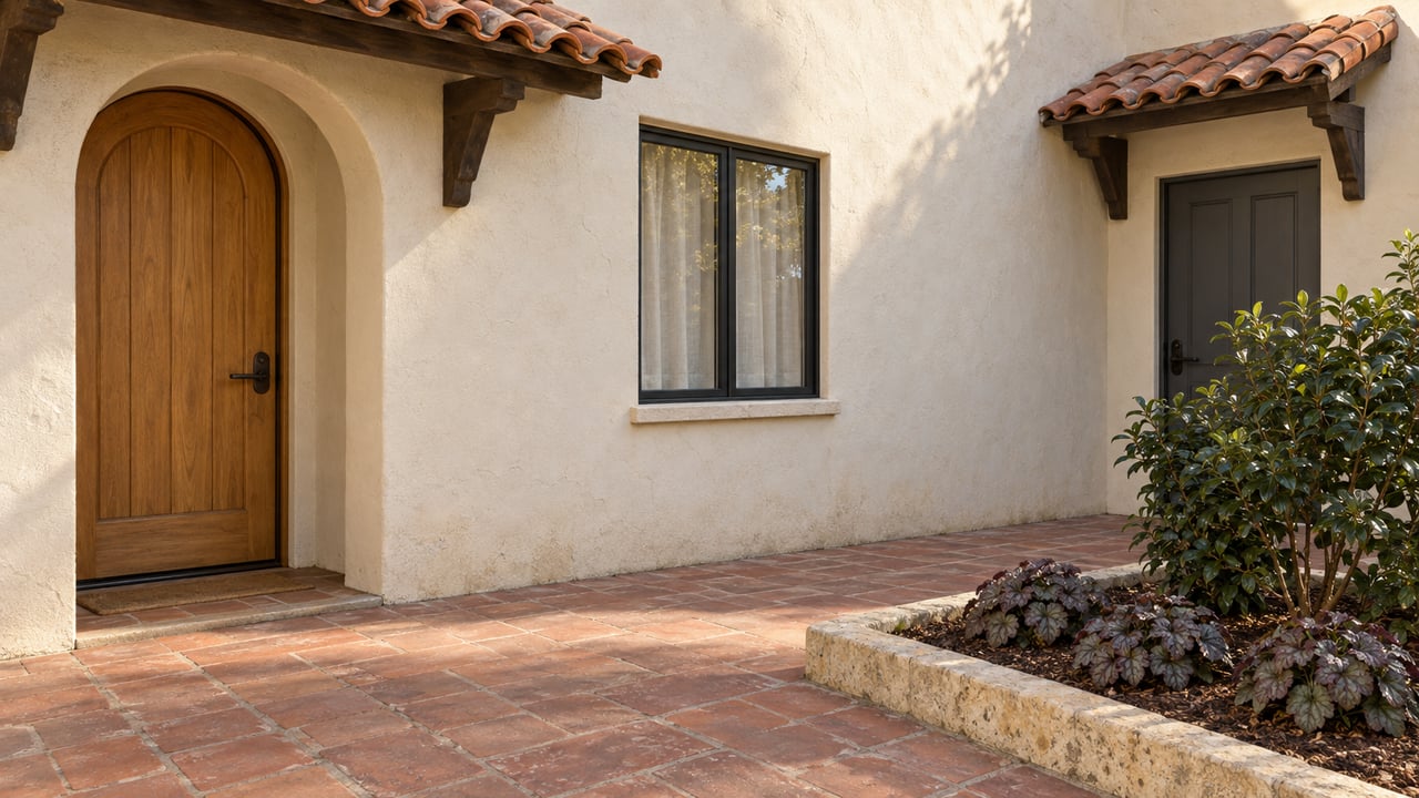 Close view of an established cream-stucco apartment courtyard with wood entry doors, terracotta canopies, clay paving and a camellia planting bed.