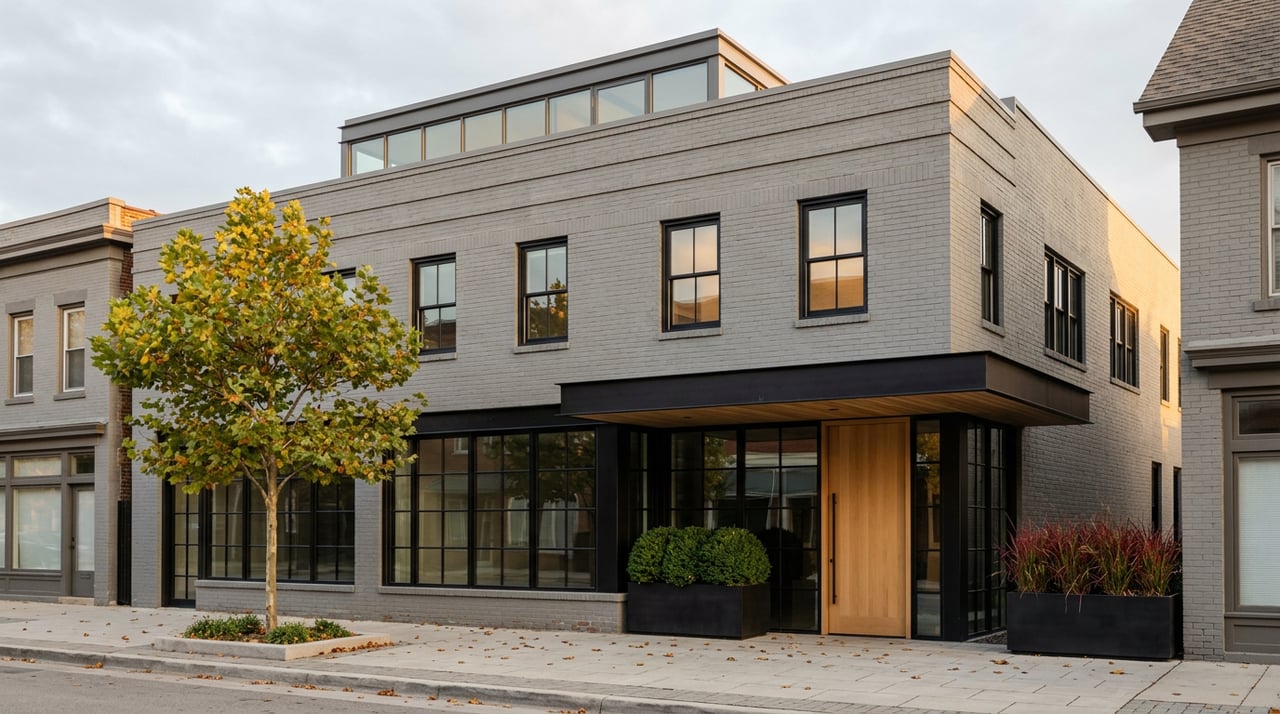 Two-story gray-brick mixed-use building with black storefront frames, an oak door, street tree, and planters.