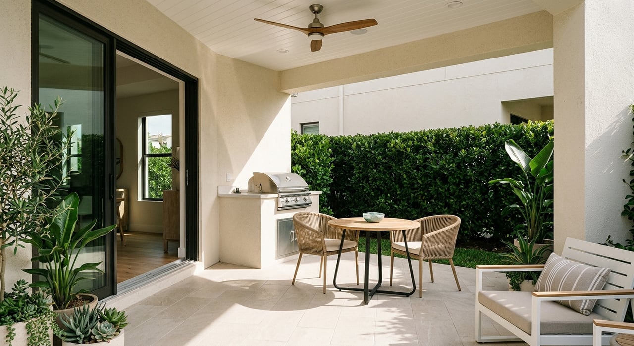 Covered patio with an outdoor kitchen, dining set, open sliding doors, and clipped hedge beyond porcelain pavers.