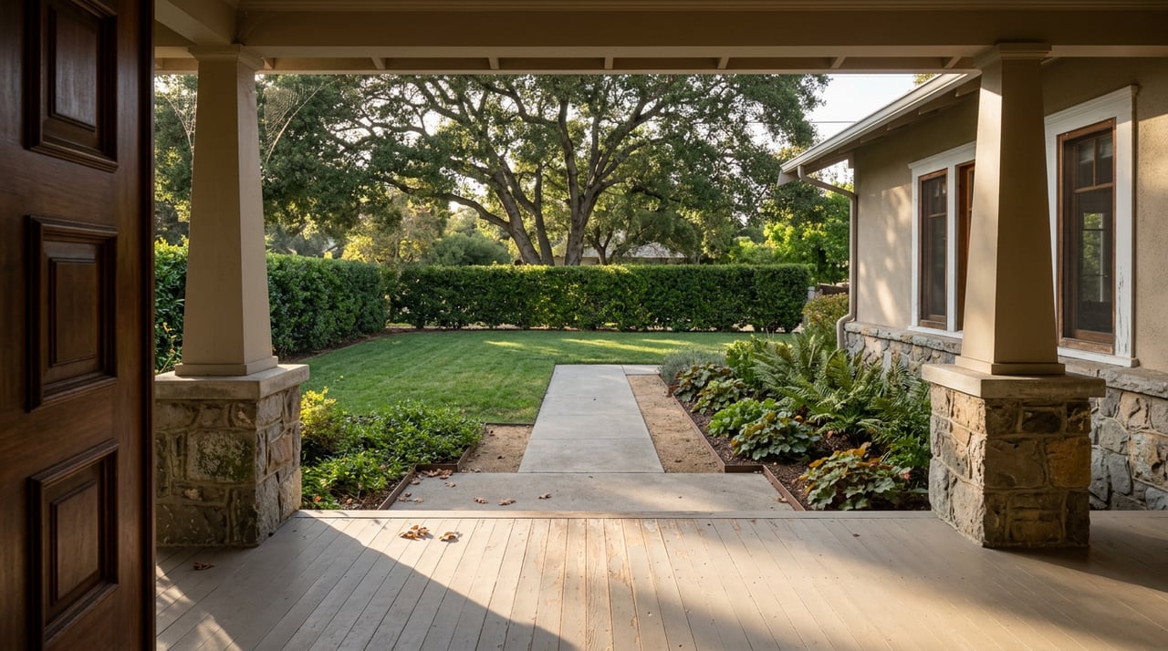 Bungalow porch with worn gray-green floorboards, stone-based wood posts, and a lawn leading to a clipped hedge.