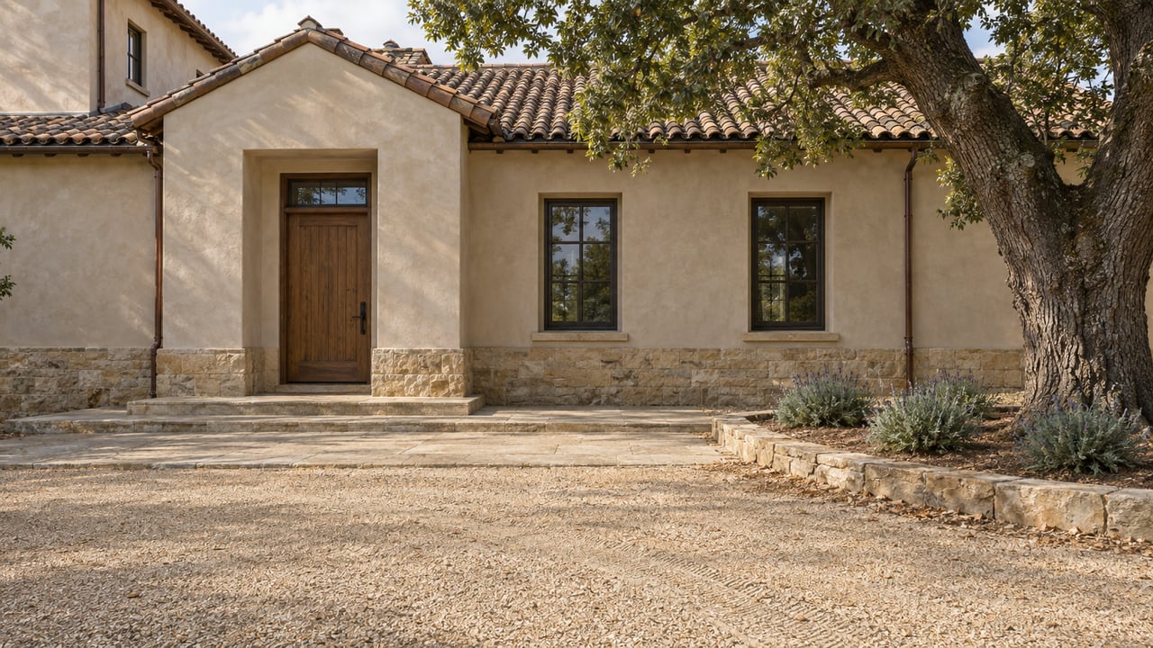 Stucco and sandstone estate entry with an oak door, clay-tile roof and broad gravel approach beneath a mature oak.