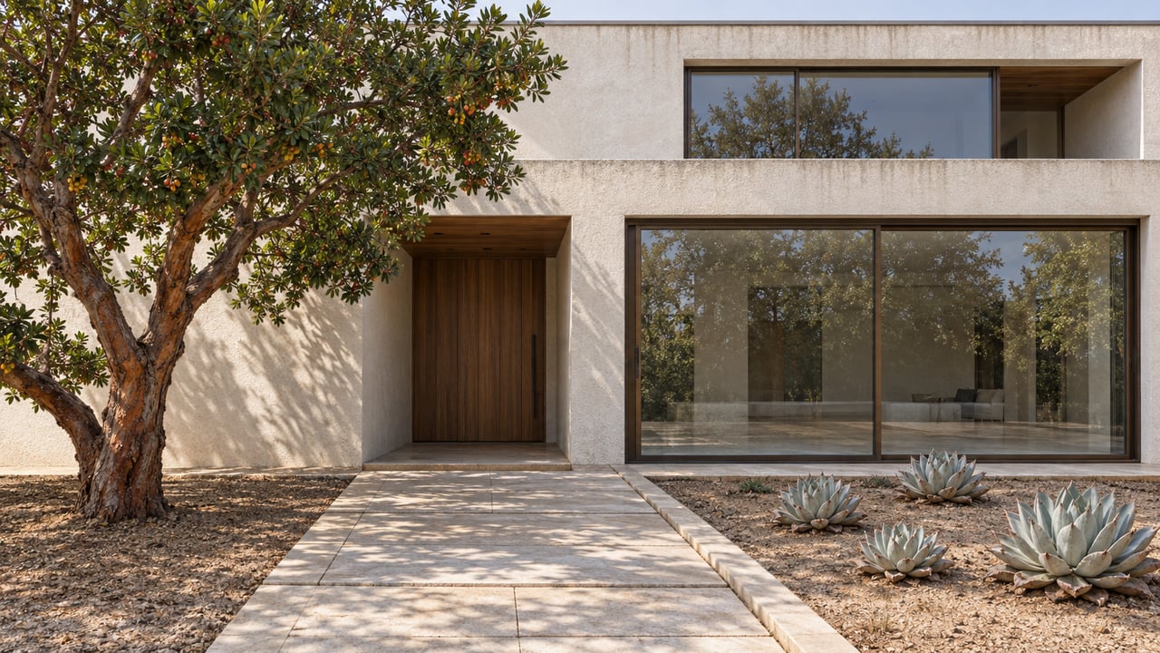 Pale stucco home with bronze-framed windows, a cedar entry, and a limestone garden approach beside a sculptural strawberry tree and chalky succulent rosettes.