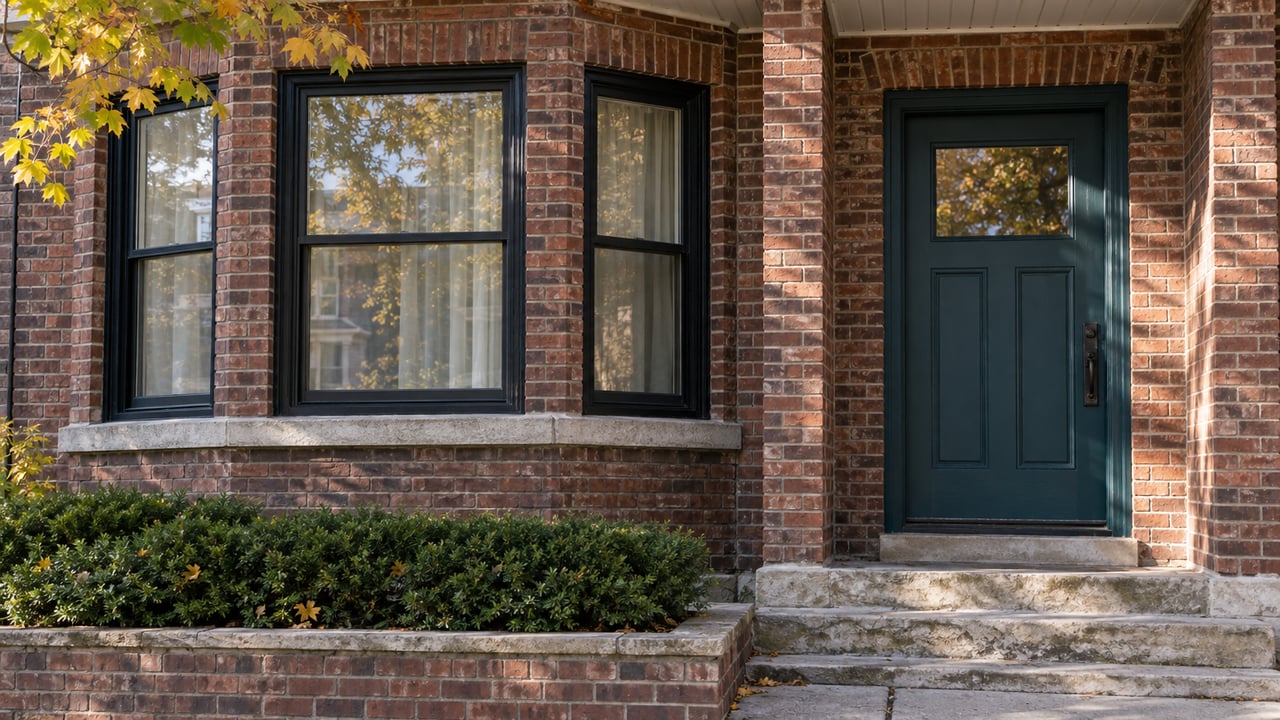 Historic brick house with three black-framed bay windows, a teal entry door, and a planted limestone stoop.