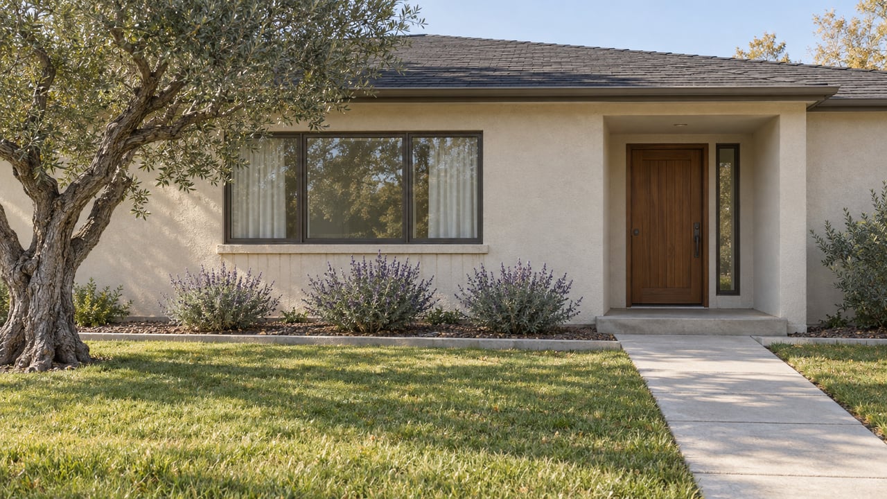 An ivory stucco single-story home with a recessed wood entry, concrete front walk, lawn and one mature olive tree in soft morning light.