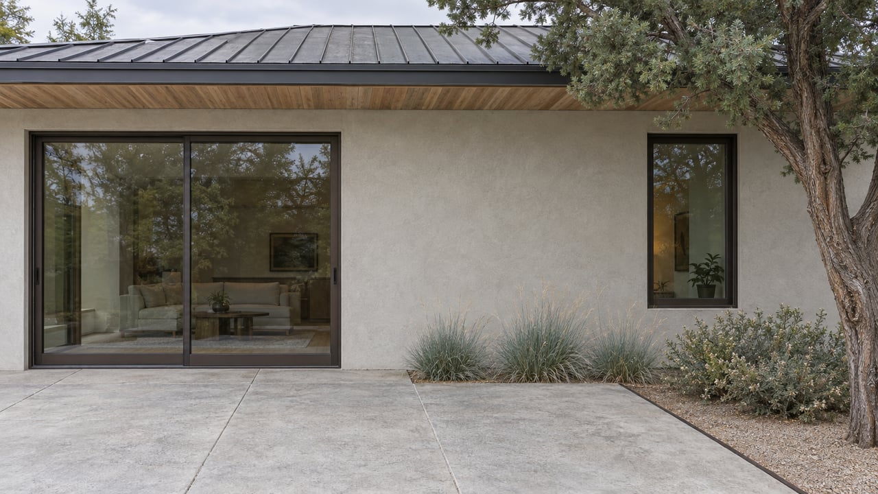 Concrete courtyard beside a stucco house with broad glass doors, a juniper tree, and grasses in a gravel bed.