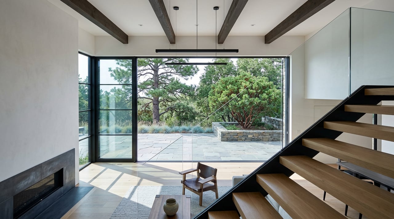 Double-height great room with a floating oak staircase, black-framed glass wall, and sunlit stone terrace.
