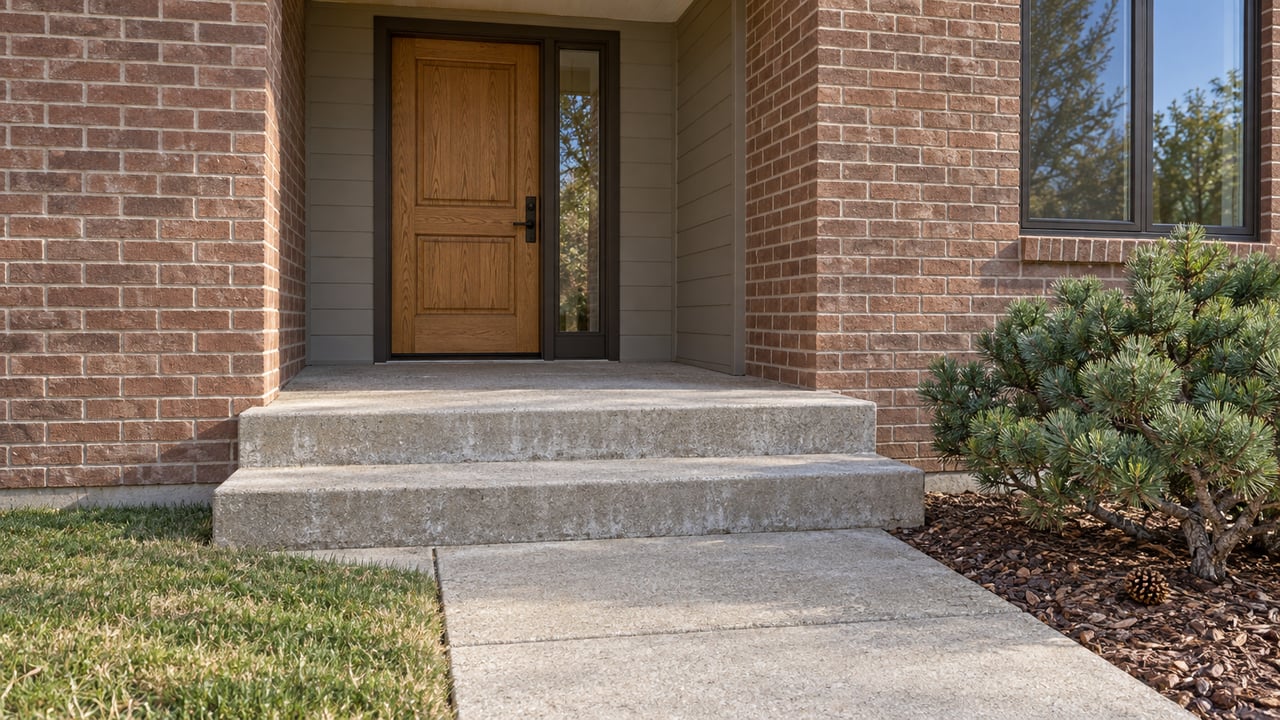Sunlit brick home entry with an oak door, concrete steps and a sculptural bristlecone pine beside the walk.