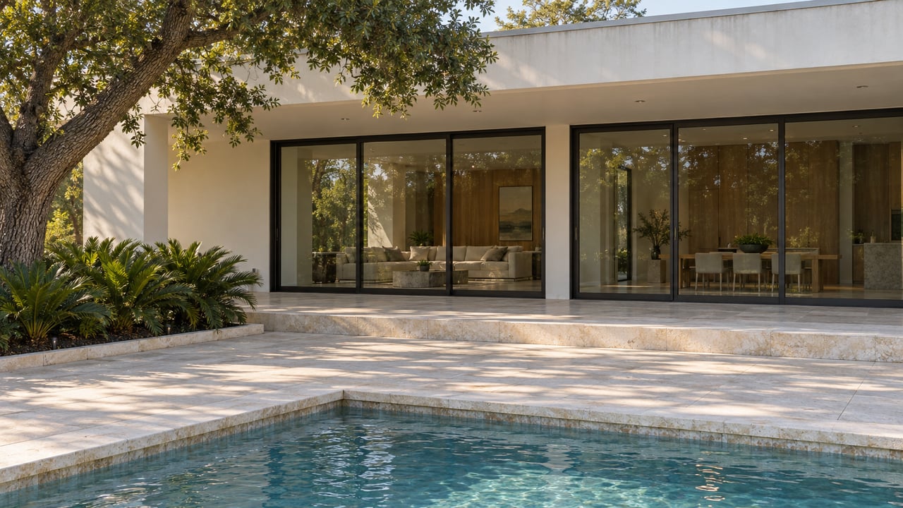 Poolside terrace with rippling water, limestone deck, closed glass doors, and a mature tree overhanging the roof.