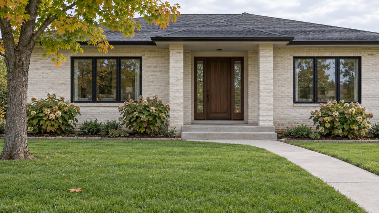 Cream limewashed brick home with black-framed windows, a walnut entry door and a deep front lawn beneath soft afternoon light.