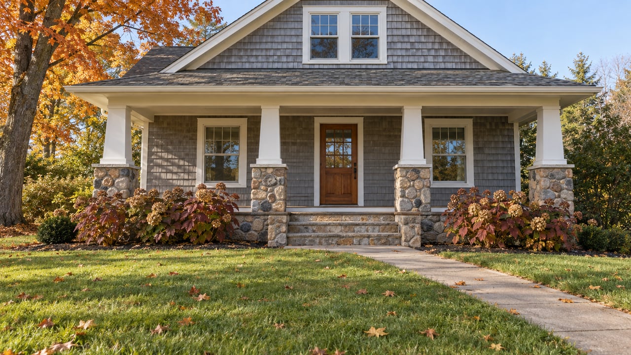 Blue-gray shingled cottage with a stone-based porch, deep autumn lawn and a copper-leaved maple.