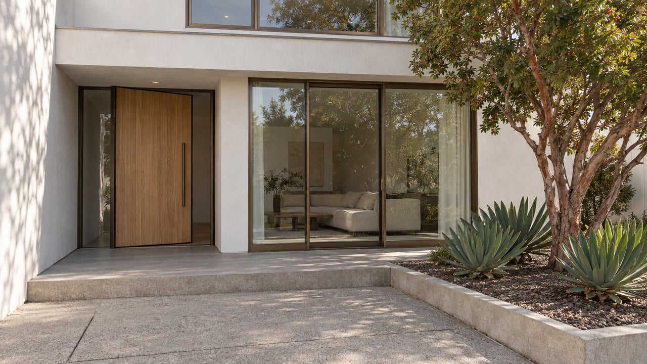 Contemporary white home with bronze-framed glazing, a recessed wood entry and a sculptural tree beside a concrete approach.