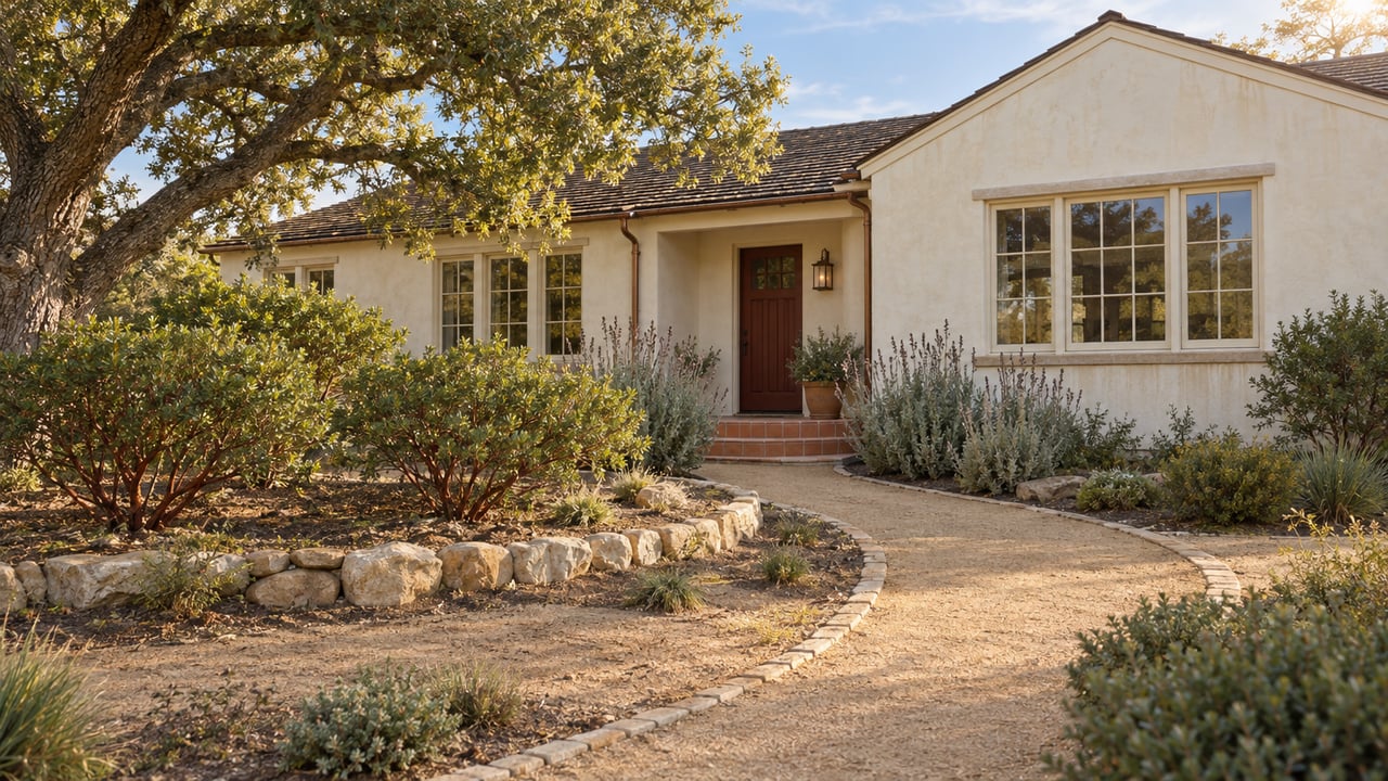 A cream stucco home with a red door and weathered shingle roof beyond a curved garden path, mature oak and silver-leaved planting.