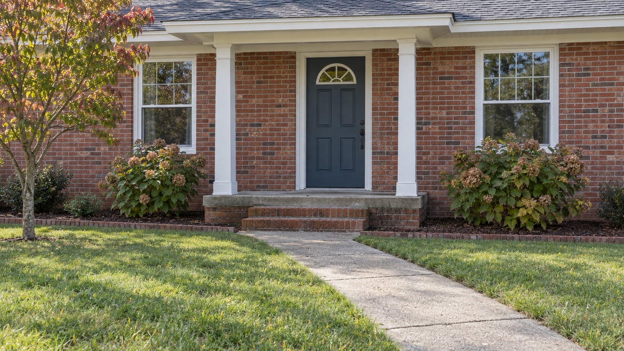 Red-brick ranch entry with white porch columns, a blue door, two sash windows and a concrete walk across an early-autumn lawn.