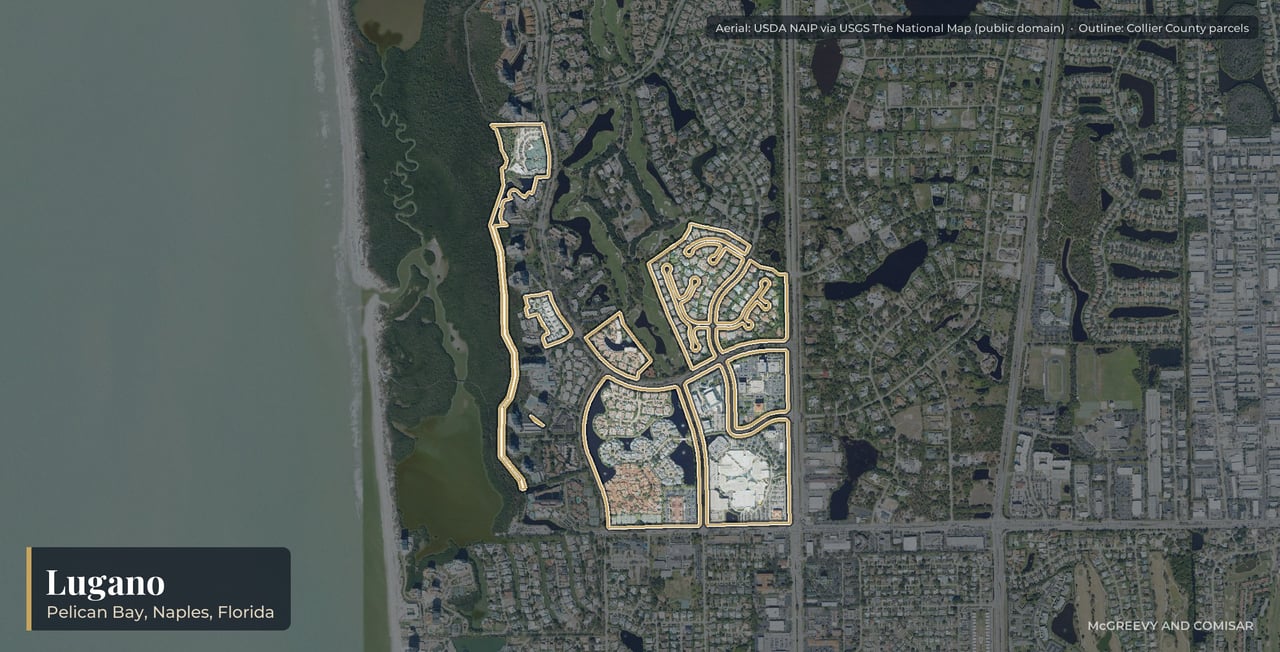 Aerial view of Lugano at Pelican Bay, Naples, Florida, with its parcels outlined