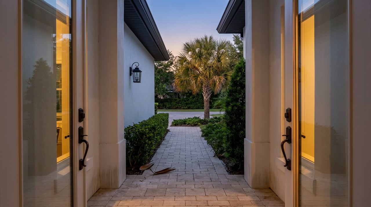 Warm-lit entryway with an open glass door, paver walkway, clipped hedges, and a palm at dusk.