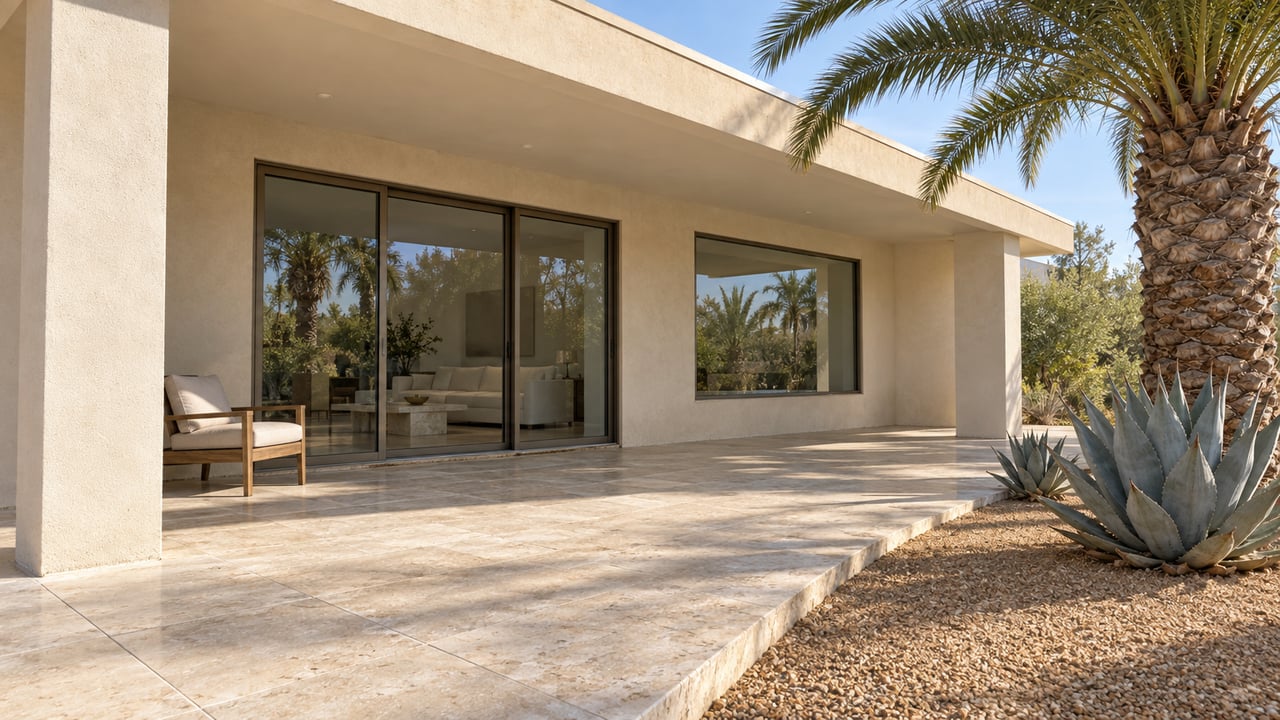 Low sun lights an ivory stucco home and limestone terrace with bronze-framed glass doors, a teak lounge chair, a date palm and blue agaves.