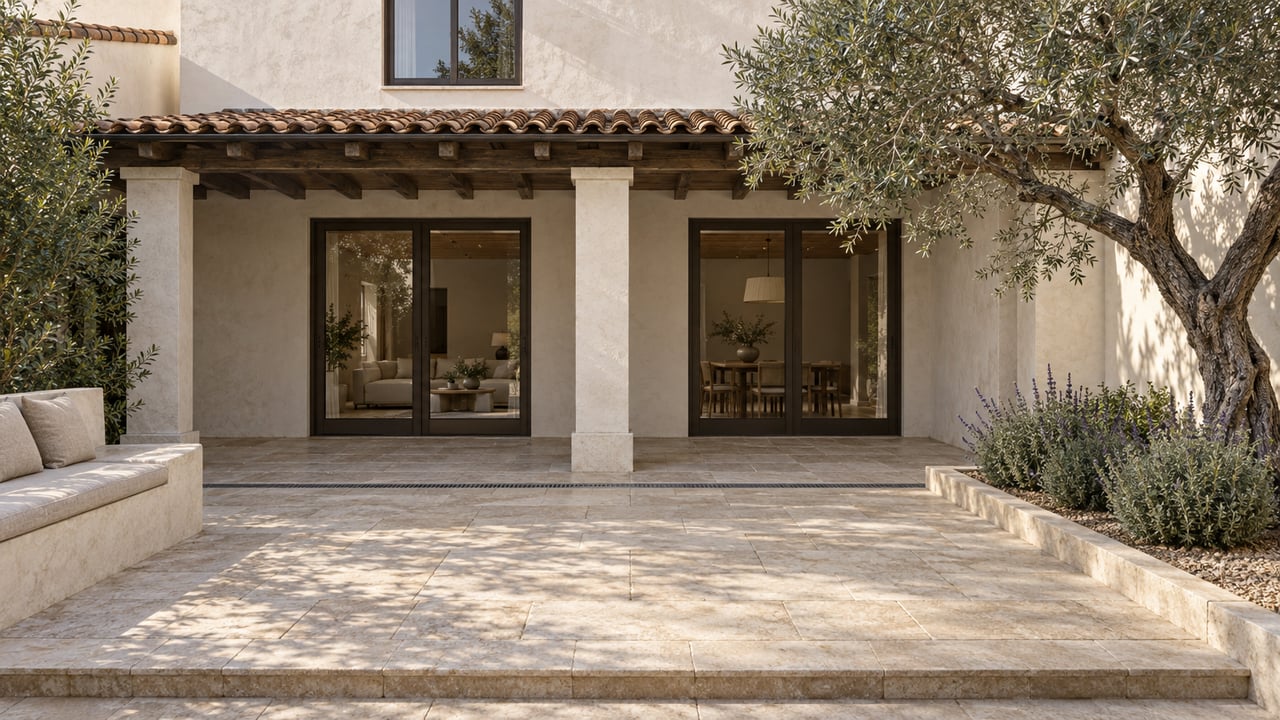 Sunlit limestone courtyard with a pale stucco home, bronze-framed glass doors, built-in seating, and a mature olive tree.