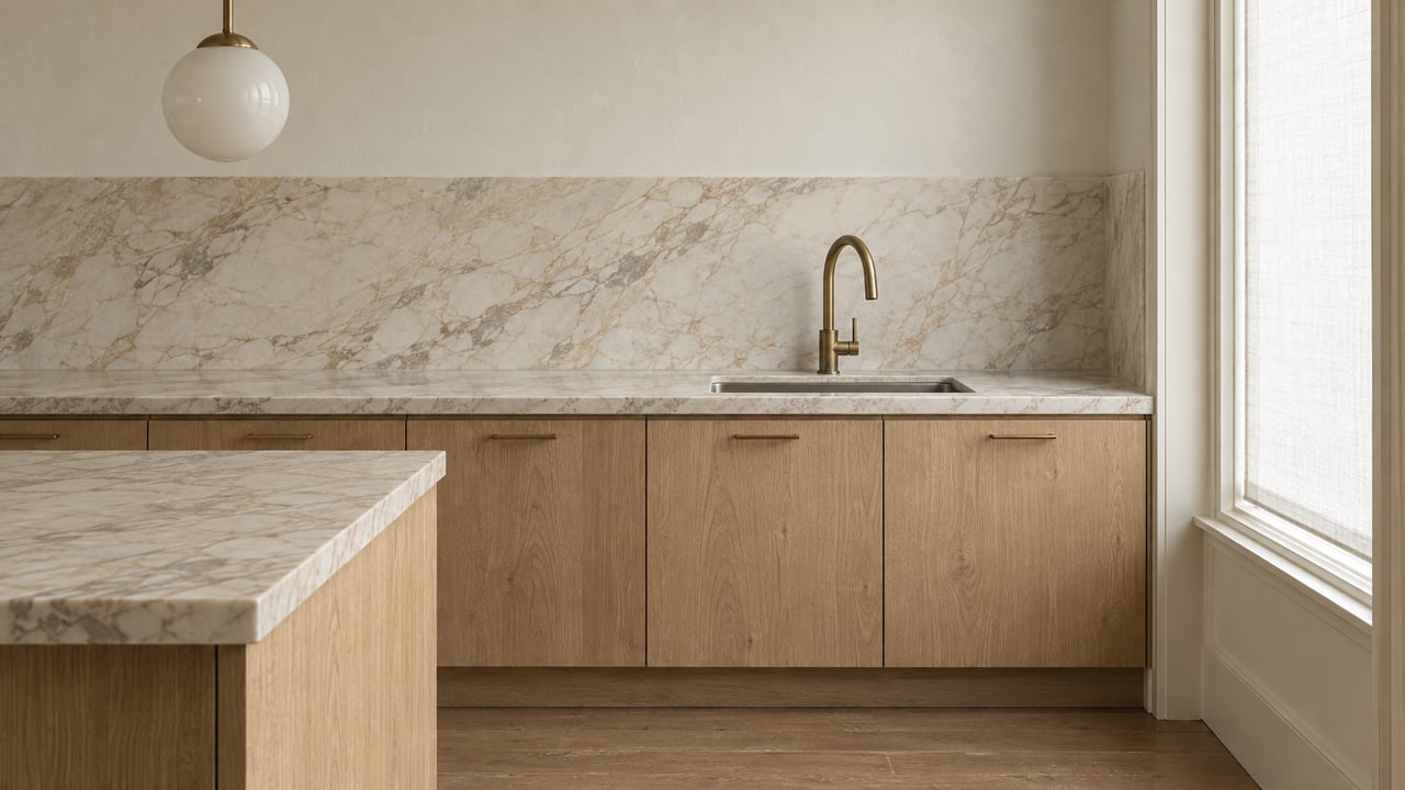 Morning light across cream marble, pale oak cabinetry and a brass faucet in a condominium kitchen.