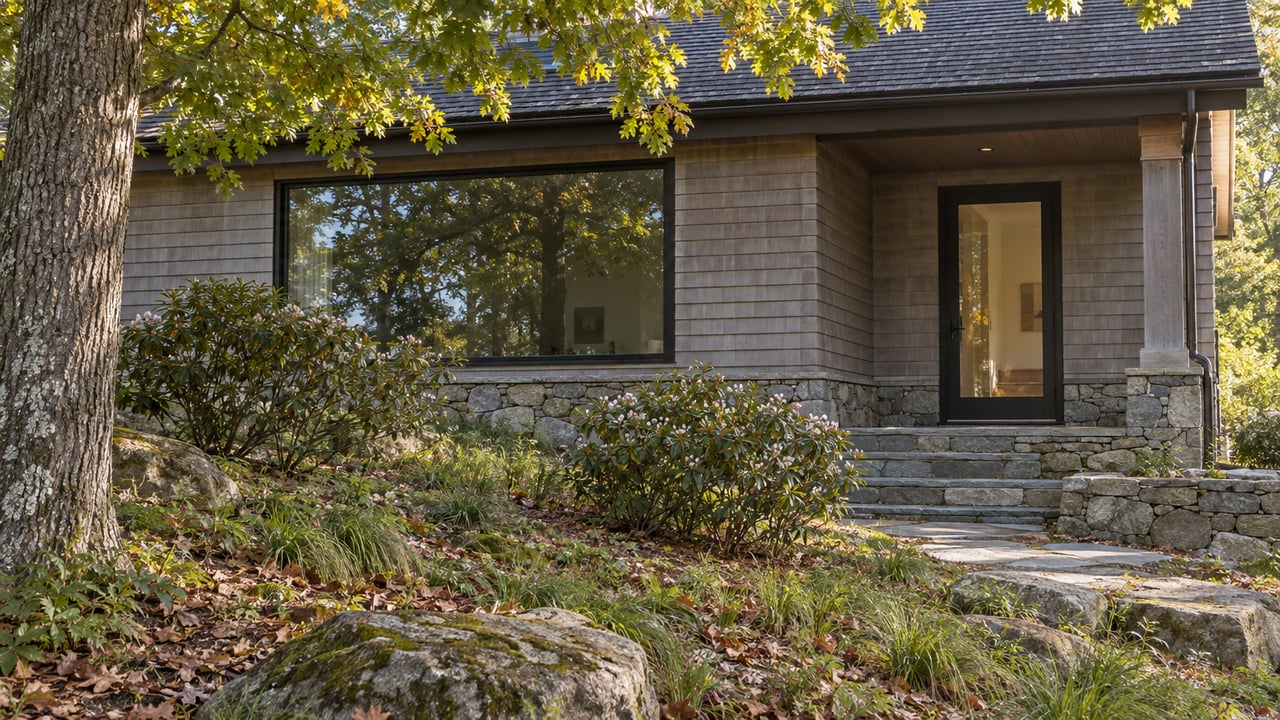 Warm-gray cedar home with a stone foundation, black-framed windows, and a flagstone approach on a wooded slope.