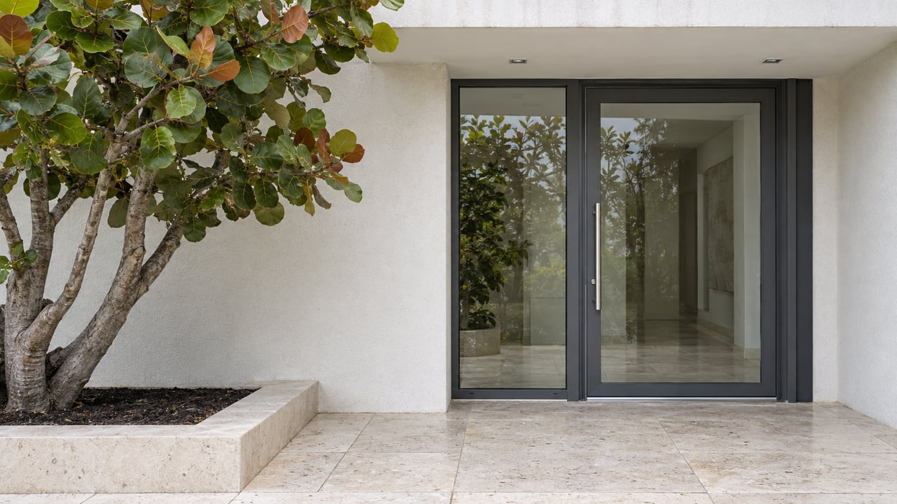 Close view of a white-stucco condominium entrance with charcoal-framed glass, shell-limestone paving and a sculptural sea-grape tree.