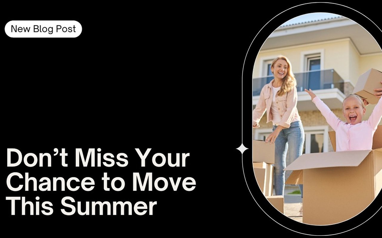 Blog post about moving this summer, illustrated with a woman and child carrying boxes outside a house.