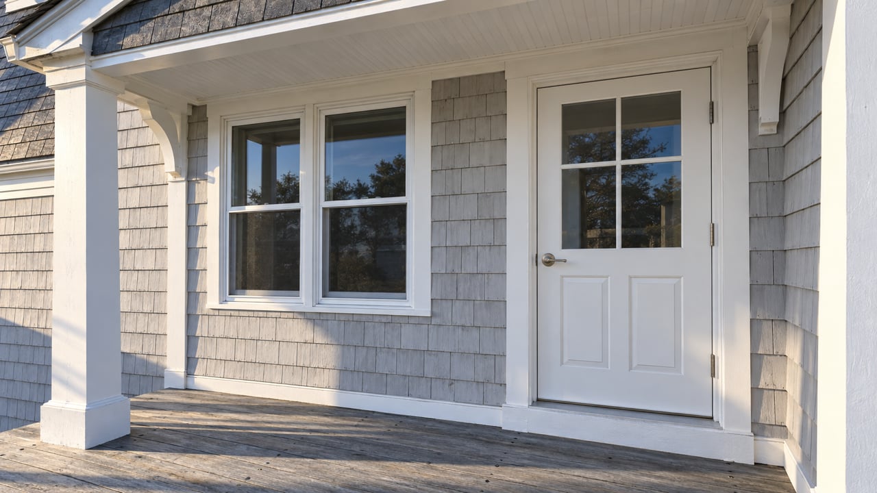 Afternoon sunlight grazes gray cedar shingles, a white glazed entry door and weathered boards on a raised covered porch.
