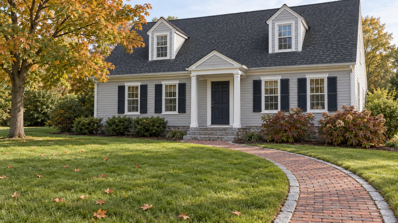 Gray house with black shutters and a curved brick walkway through an autumn lawn.