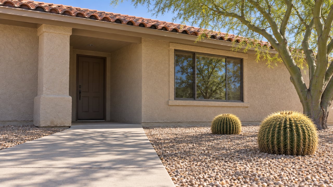 Stucco home with a shaded entry, red tile roof, and barrel cacti in the gravel yard.