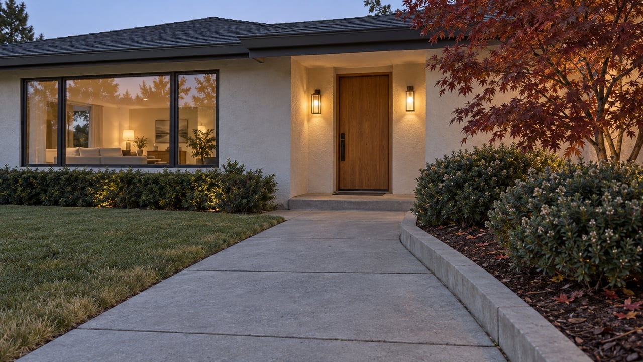 An ivory stucco ranch entry at dusk, with a concrete garden approach, warm porch lights and a copper-red Japanese maple.