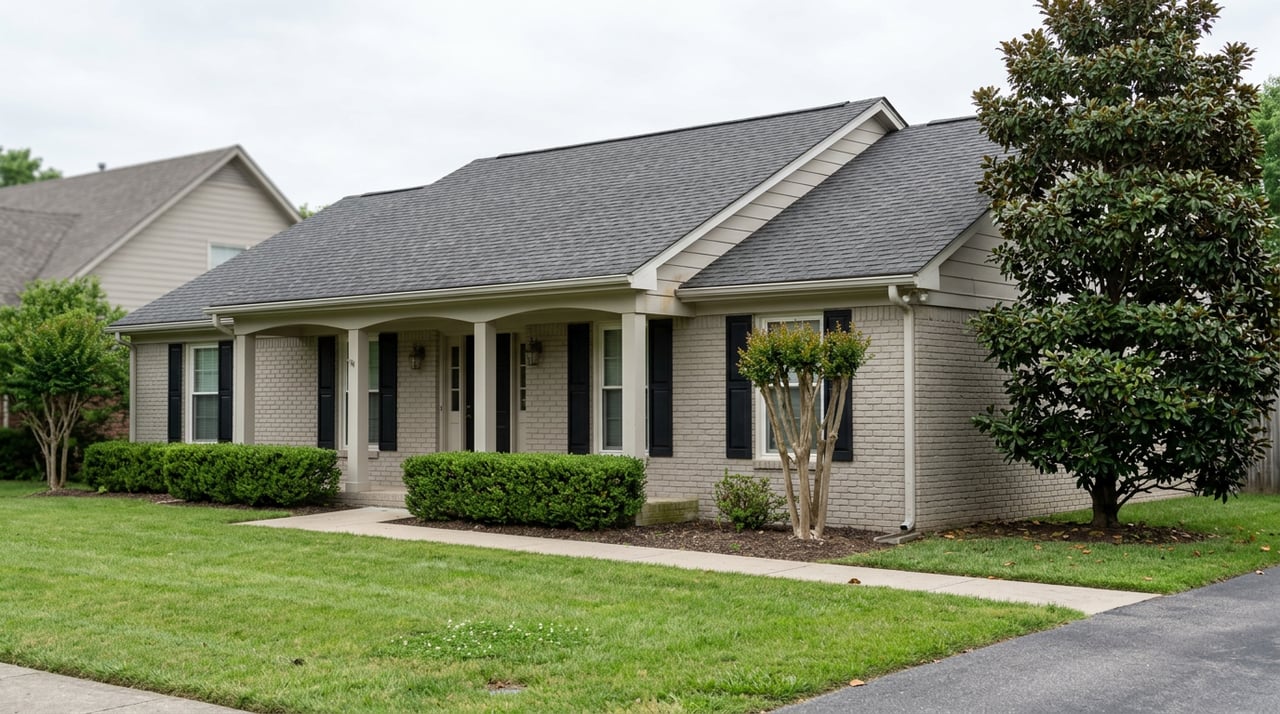 Gray brick ranch home with a covered porch, magnolia tree, crape myrtle, and clipped hedge beside a mowed lawn.