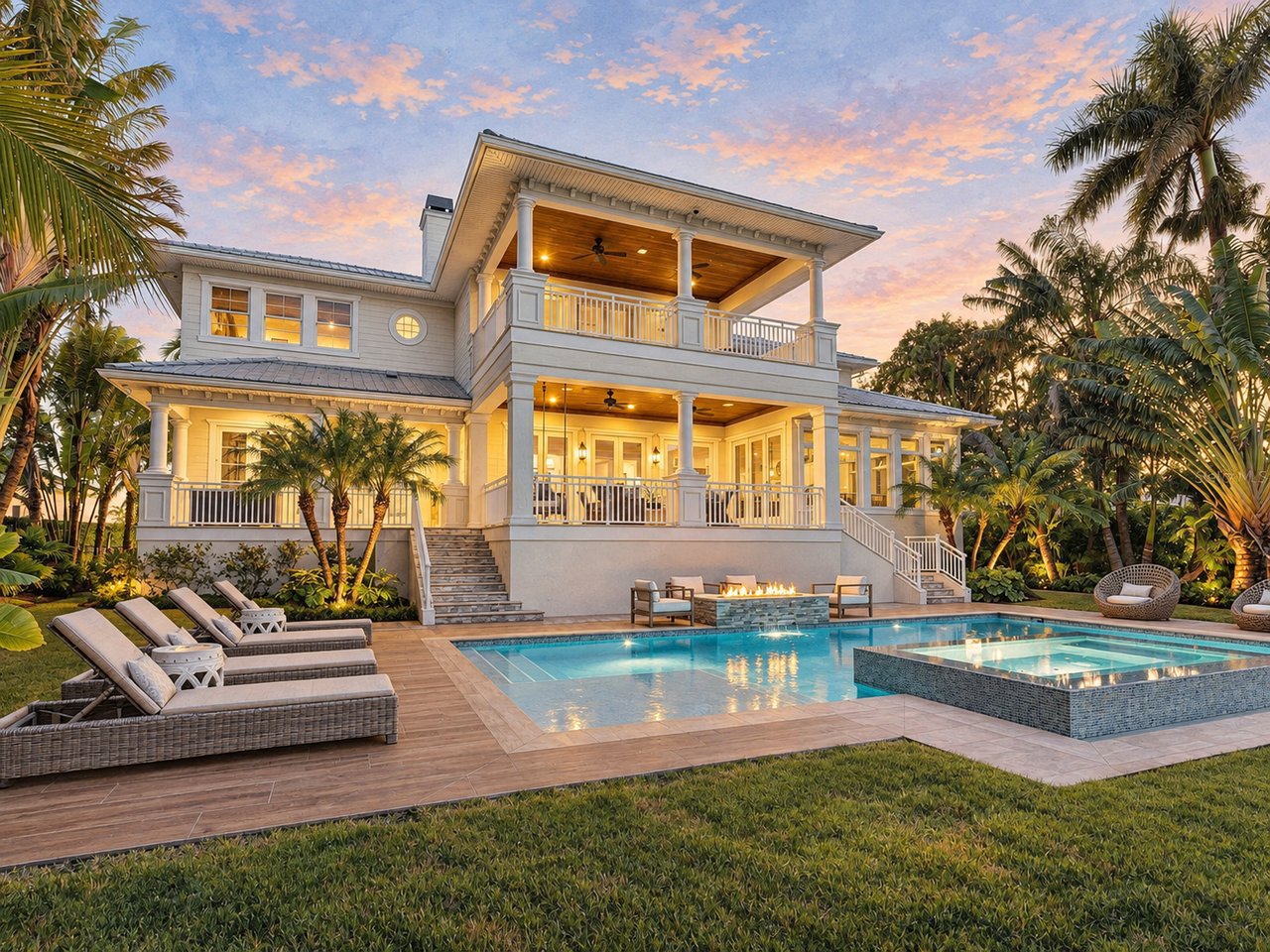 Two-story coastal home overlooking a pool and spa, framed by tropical palms at dusk.