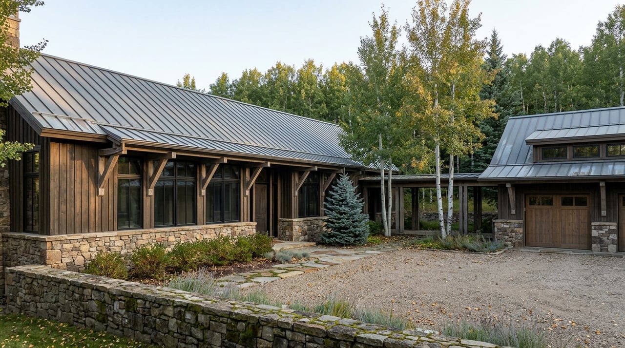 Stone-and-cedar estate home and smaller matching outbuilding joined by a timber breezeway, amid aspen and spruce trees.