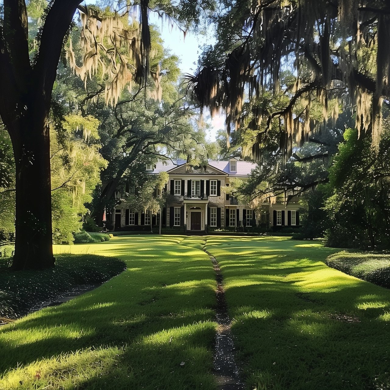 Large historic estate with shaded lawn and mature trees