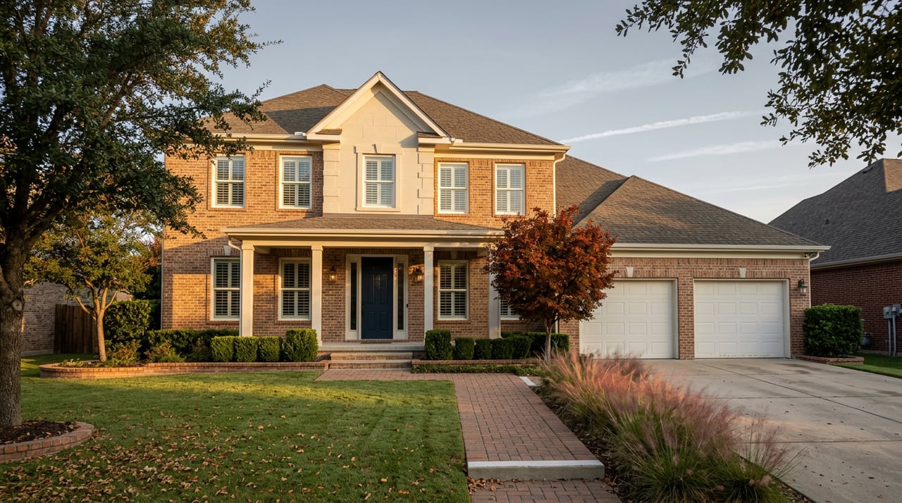 Two-story brick suburban home with a navy front door, white garage doors, and red-orange autumn trees.