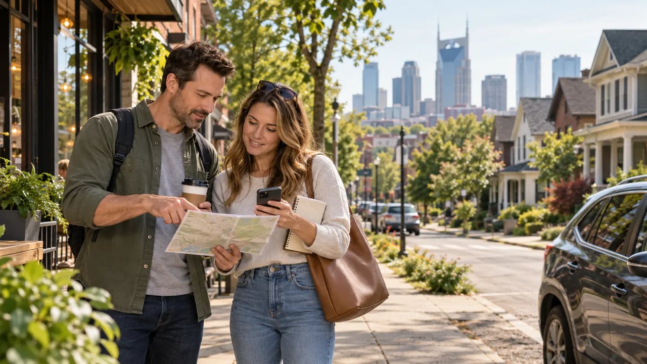 Couple exploring Nashville neighborhoods and homes during a relocation trip