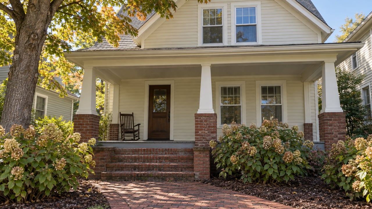 Ivory clapboard house with a deep columned porch, weathered brick steps and oakleaf hydrangeas in midmorning light.