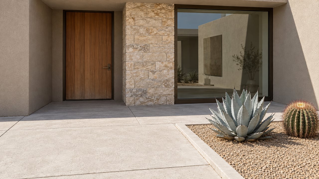 A recessed wood entry beside bronze-framed glass and buff stone, with pale concrete paving and two sculptural desert plants in an edged gravel bed.