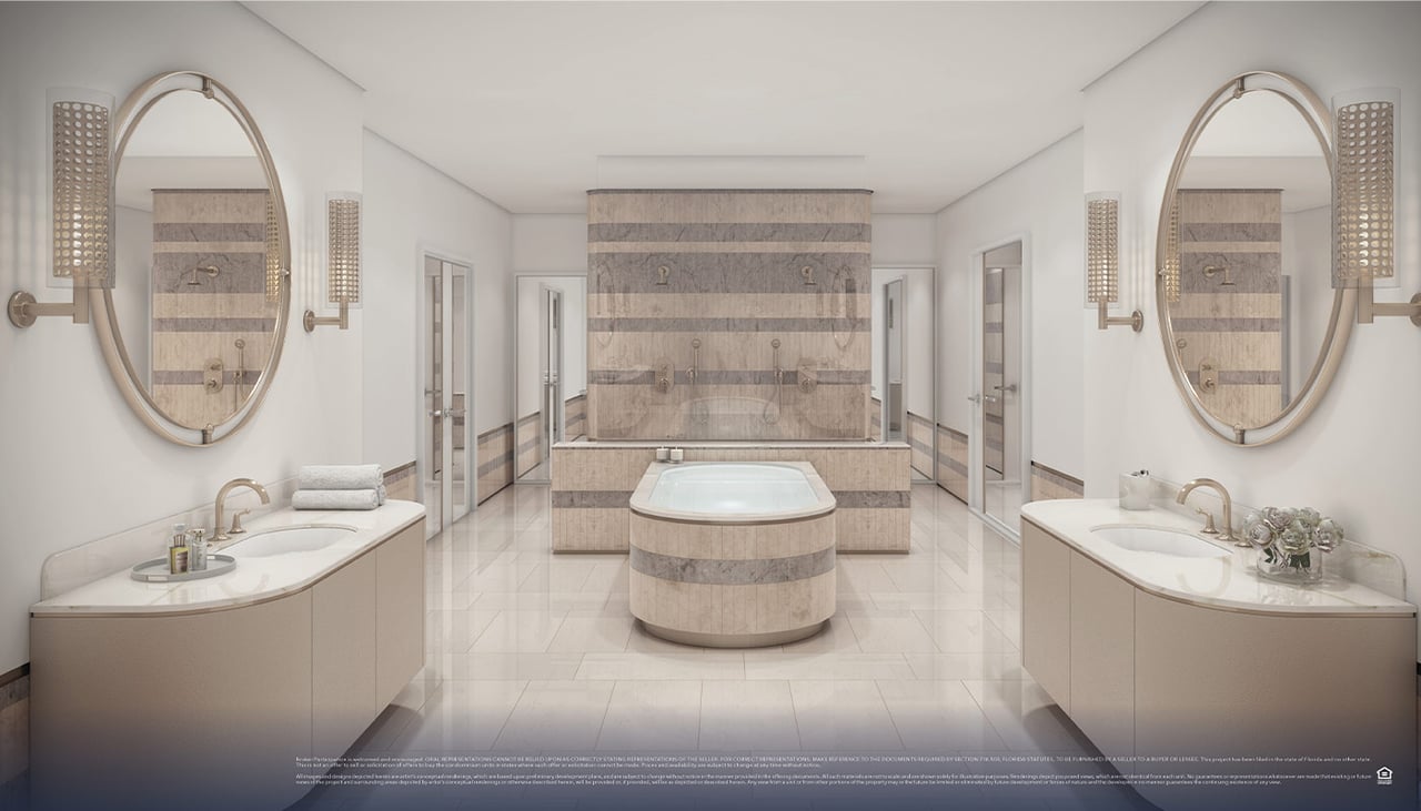 Forté on Flagler primary bathroom with dual vanities and soaking tub, rendering