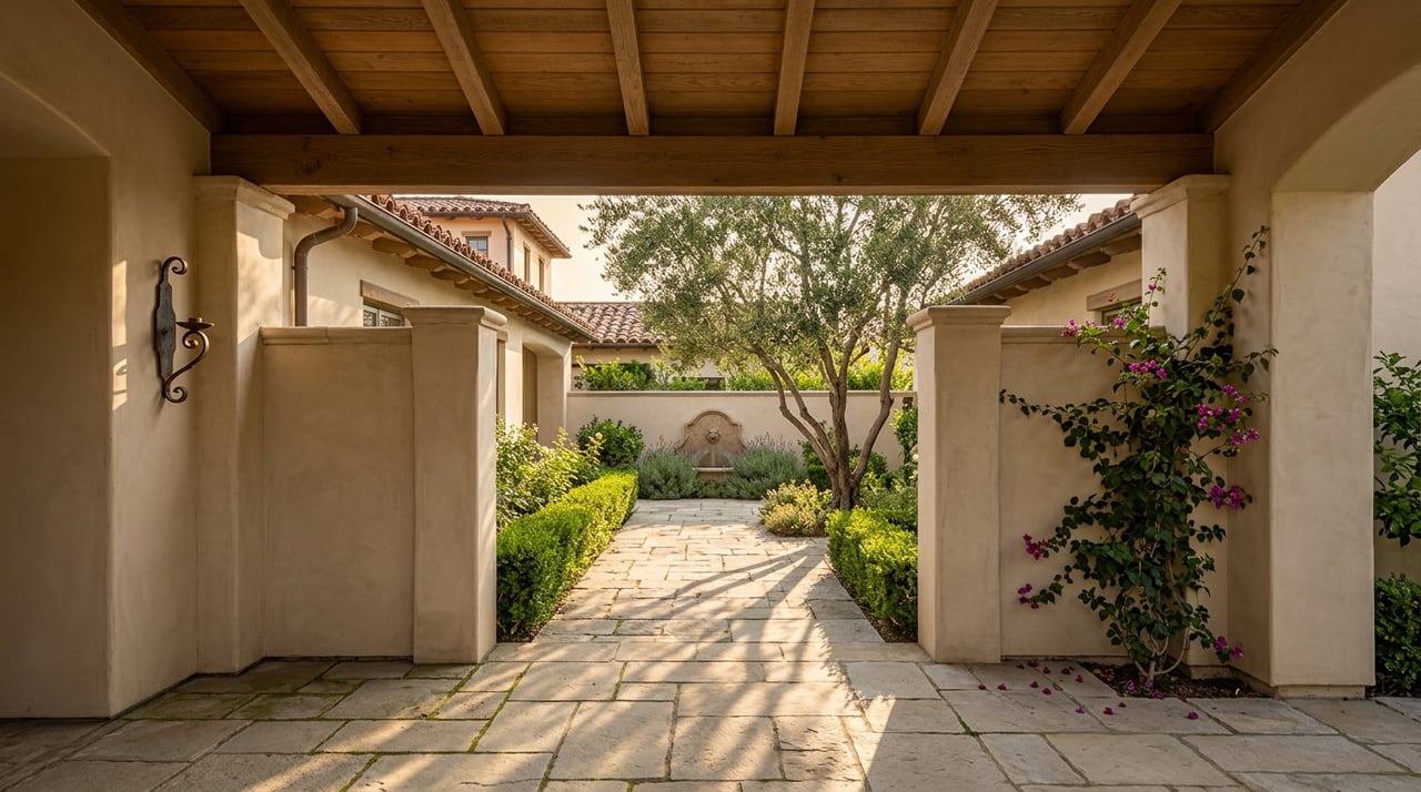 Stucco archway frames a walled courtyard with an olive tree, flagstone path, and stone fountain nook.