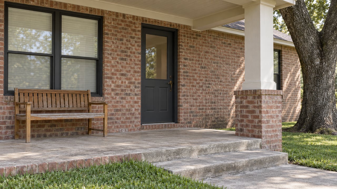 Covered brick-house porch with a charcoal glazed door, paired window, weathered timber bench and concrete steps beside a mature live oak.