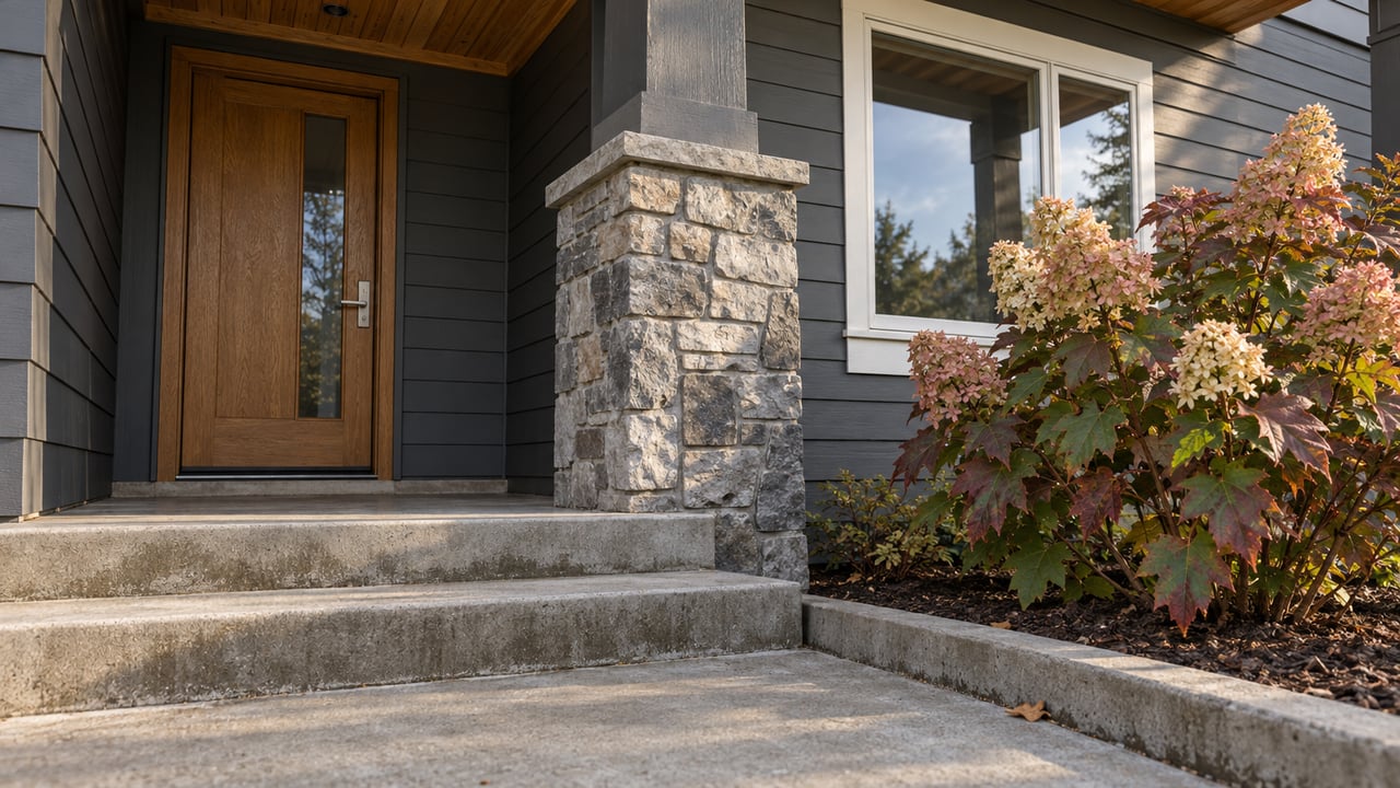 Covered entry with graphite siding, a gray stone pier, oak door and autumn oakleaf hydrangea beside concrete steps.