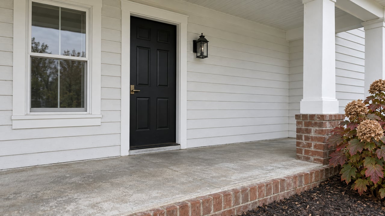 Close view of a white-sided home's covered porch with a black entry door, weathered concrete floor, brick edging and autumn oakleaf hydrangea.