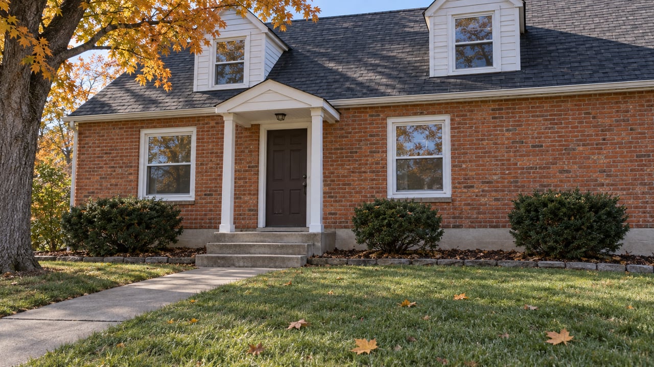 Autumn sunlight on a modest brick home with white dormers, a concrete entrance walk and a copper-leaved maple.
