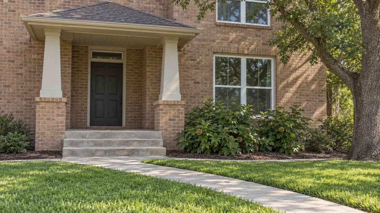 Warm brick home with a recessed dark front door, concrete entry steps, deep green lawn, and a mature live oak.