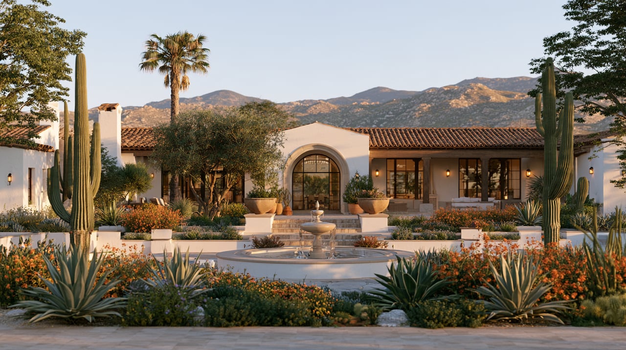 Luxury Southwestern home with an arched entry, courtyard fountain, desert landscaping, and mountains beyond.