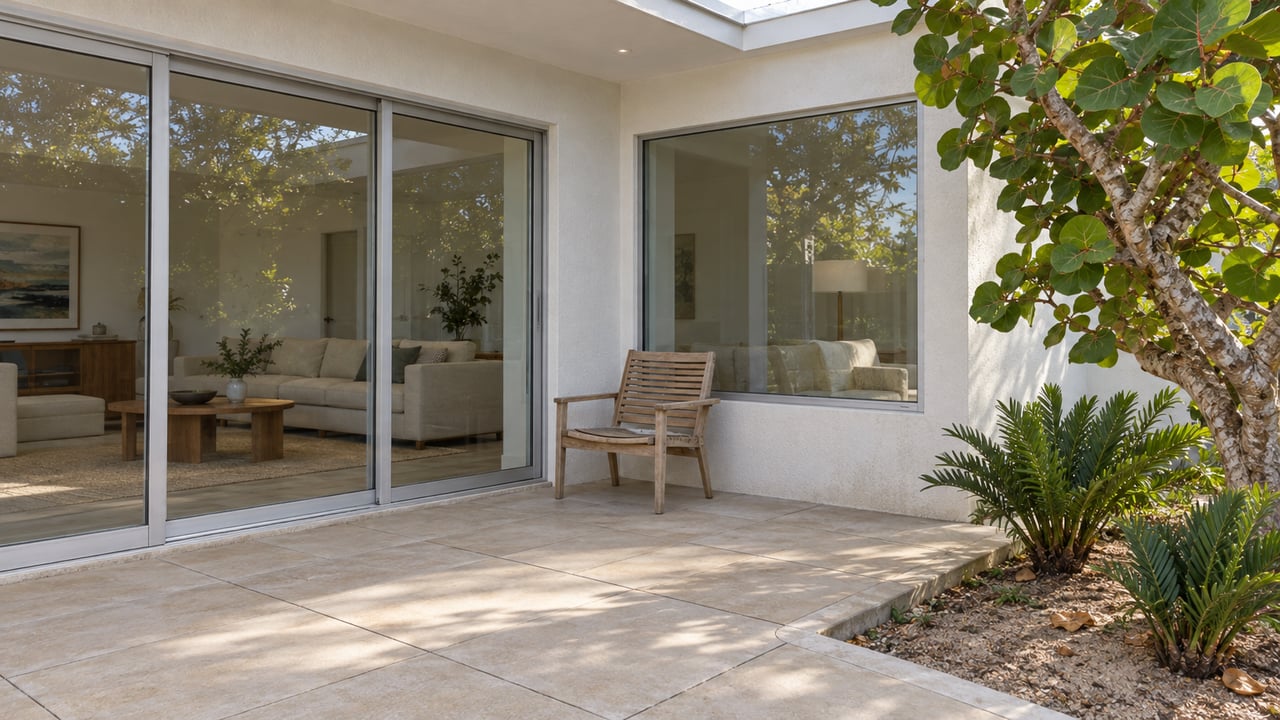 Covered patio with pale concrete paving, a weathered teak chair and closed sliding glass doors opening visually onto a bright living room.