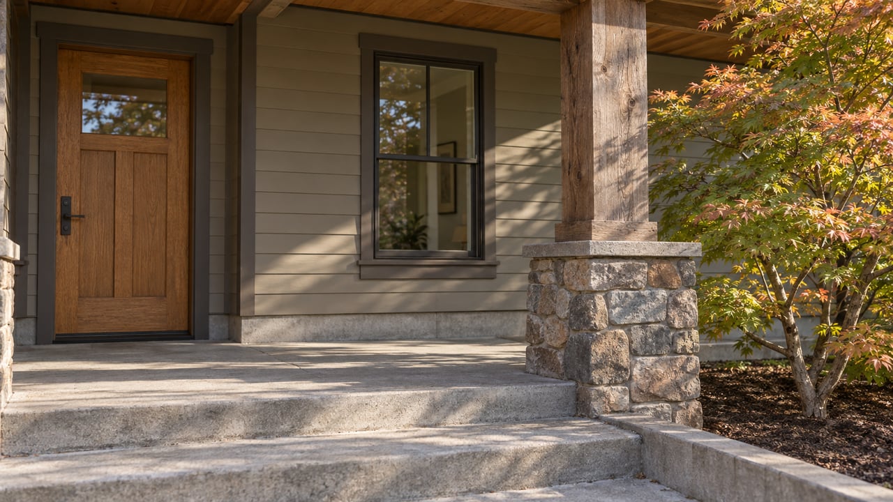 Close view of a covered home entry with an oak door, gray lap siding, timber post on a stone base, and a Japanese maple beside concrete steps.