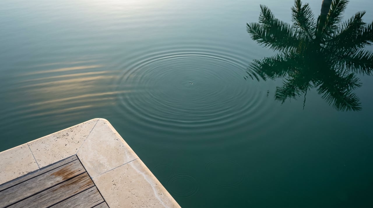 Jade-teal inlet water ripples beside pale stone terrace coping, crossed by a palm-frond shadow.