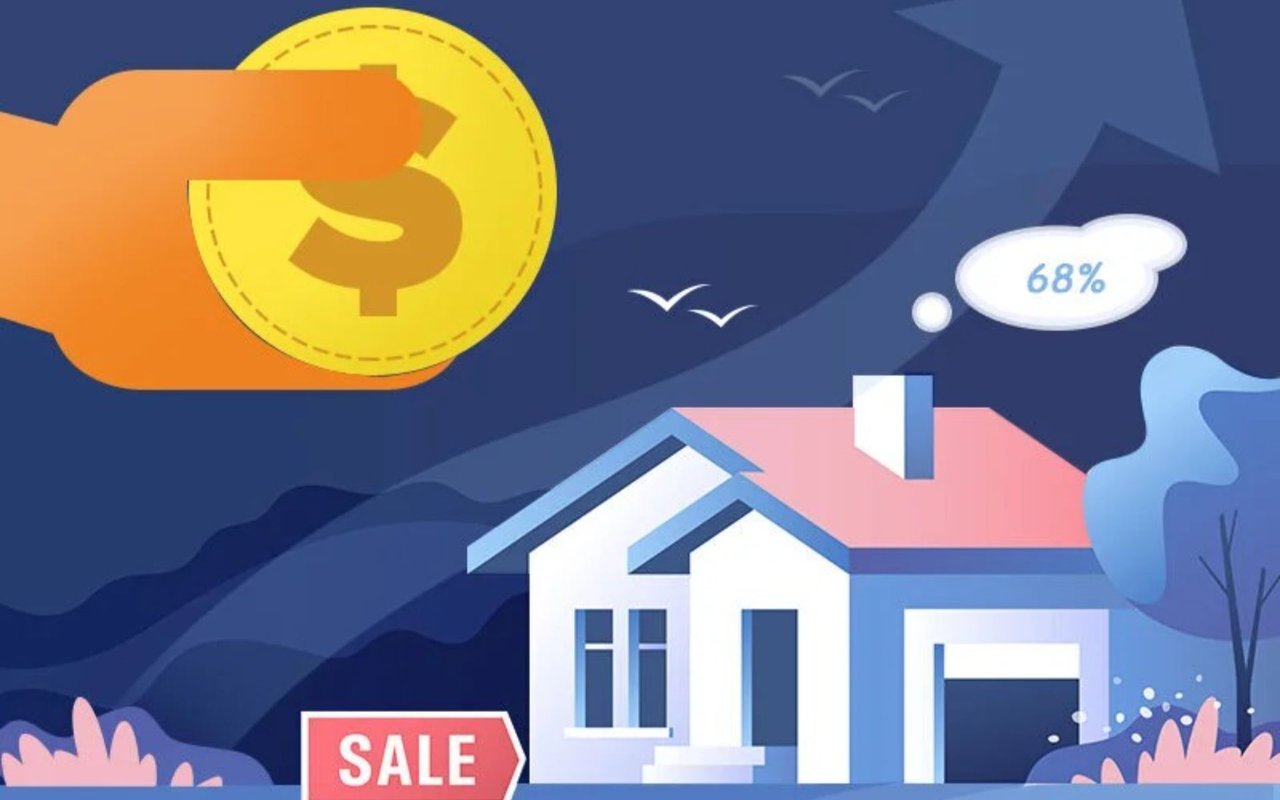 Illustration of a house for sale beneath a hand holding a dollar coin and a thought bubble reading 68%.